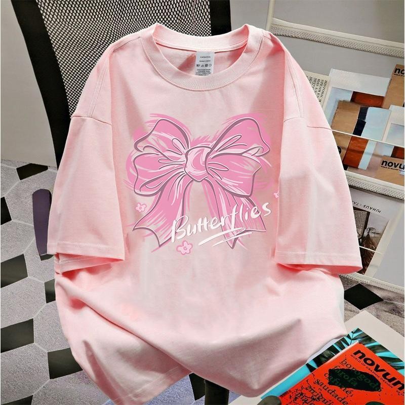 （✨24Hour shipping✨）Maise STUDIO Ladies' casual T-shirts with pink bow prints, 100% cotton