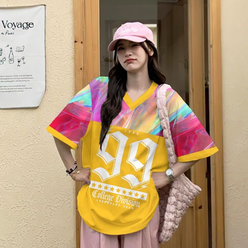 2025 Fashion Trend Korean Women's T-shirt V-neck Short Sleeve Top Digital Pattern Printed Loose T-shirt