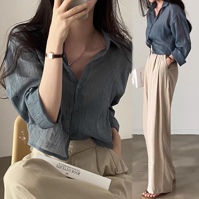 G&M#Kemeja lengan panjang,baju kasual,V-leher,longgar,pendek,baju pelindung matahari fesyen Korea pada musim panas#W260