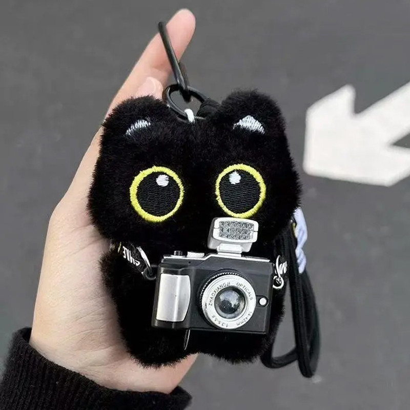 Camera Black Cat Plush Doll Keychains Cartoon Glasses Cat Keyrings Bag Pendants Gift