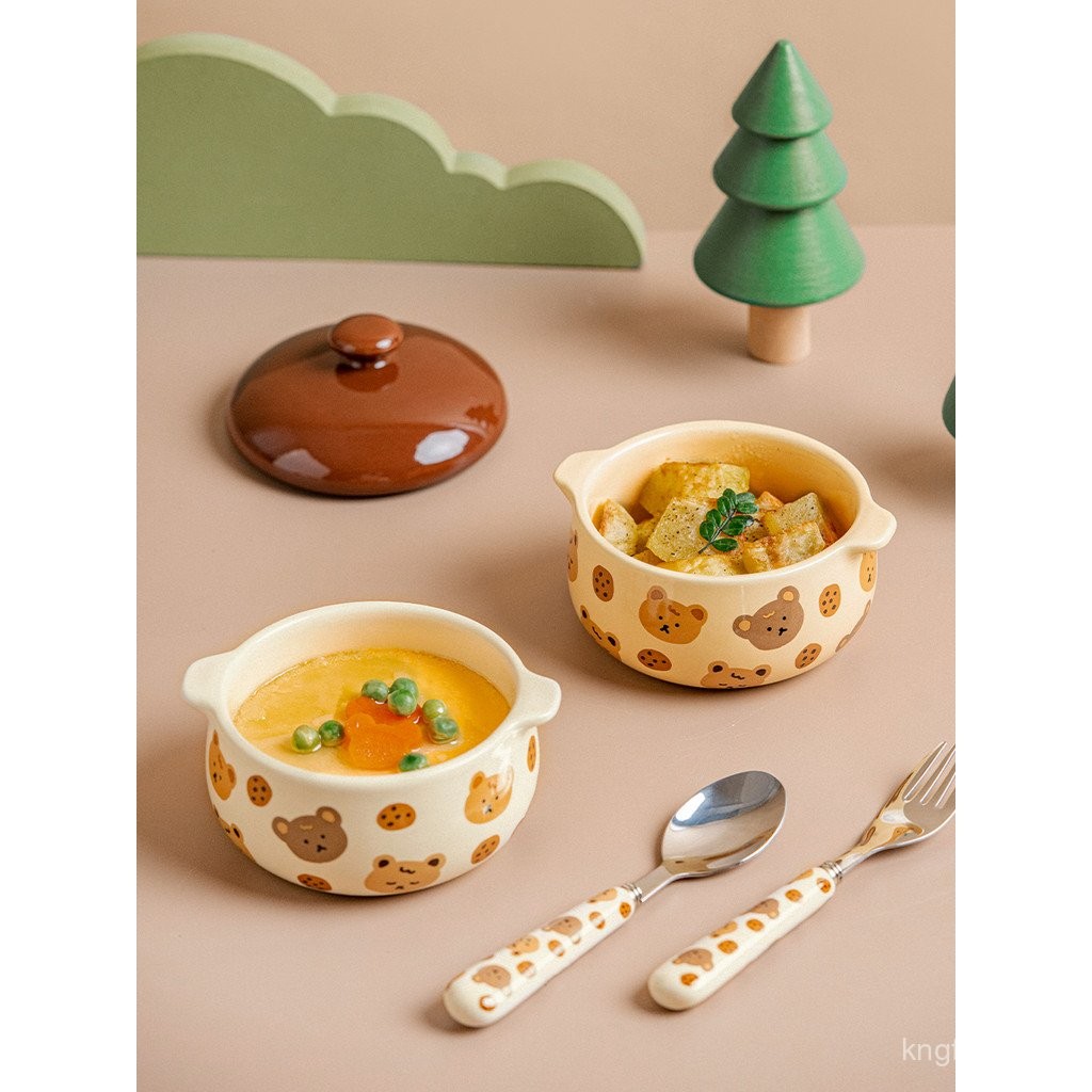 ezicok Mangkuk Telur Kukus Periuk Rebus Seramik Comel Pemegang Ganda Mangkuk Kecil dengan Penutup Mangkuk Makanan Bayi Mangkuk Kastard Telur Kukus Mangkuk Pencuci Mulut