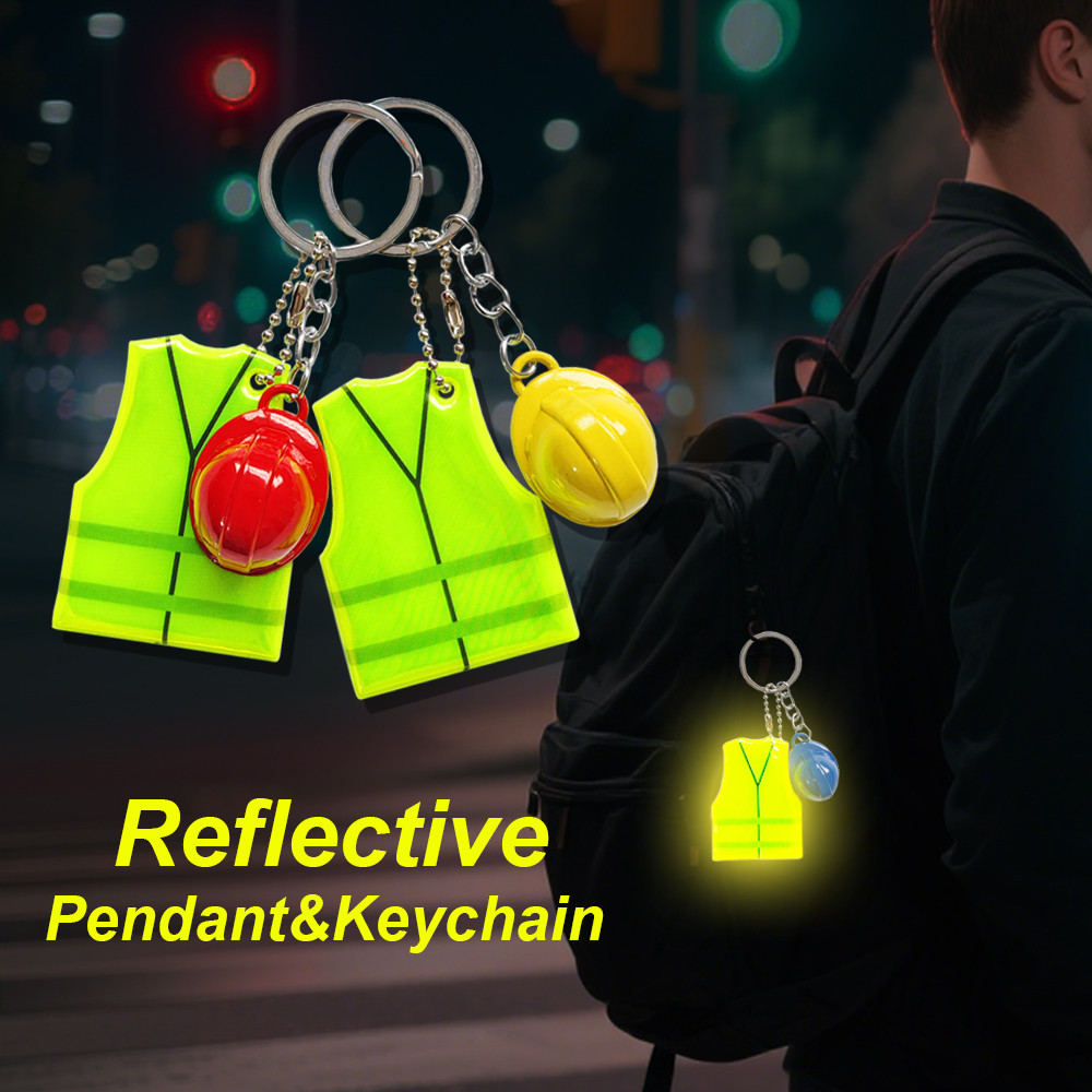 Creative Vest + Safety Helmet Shaped Keychain, Night Travel Sports Reflective Pendant, Suitable for Backpack Luggage Hanging Accessories