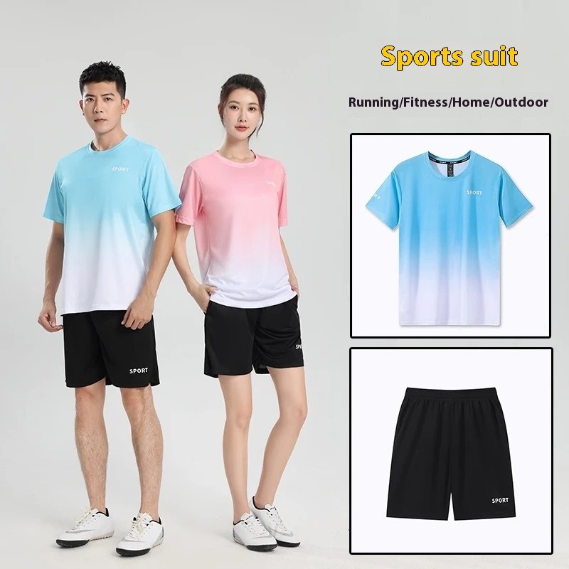 M-5XL [4 Colors] 2025 Summer New Unisex Quick Dry Gradient Printed Fashion Outdoor Sports Set Ice Silk All-match T-shirts & Shorts Plus Size