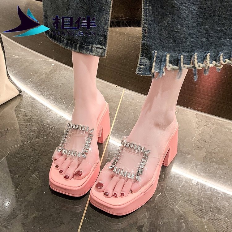 HOT DEAL [46% Repurchase Rate] Thick-Soled Rhinestone High Heel Slippers 2025 Summer Fashion Waterproof New Style Casual Transparent Flat Sandals Increase Height