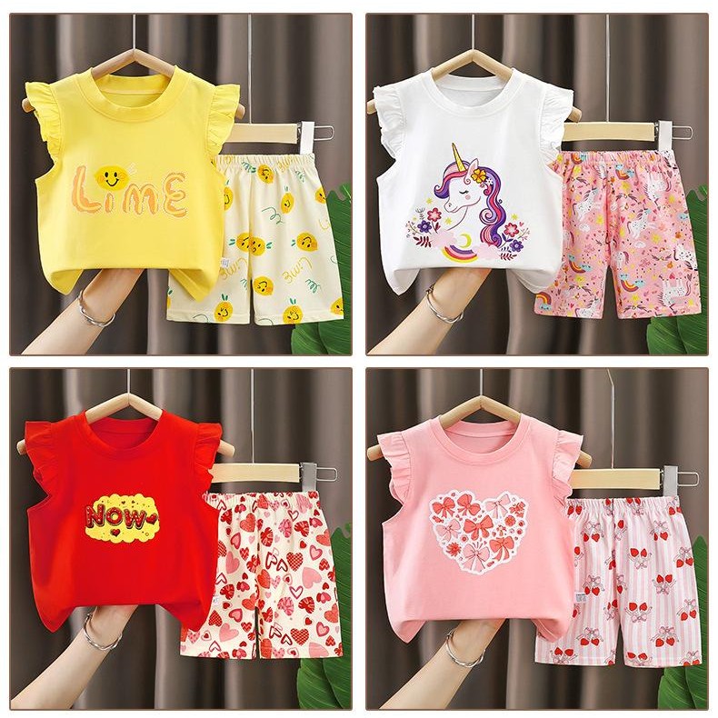Budak Baju Perempuan Tanpa Lengan Baby Kid Girl Sleeveless Camisole Clothes Set Kain Lembut Selesa Comel Casual Homewear
