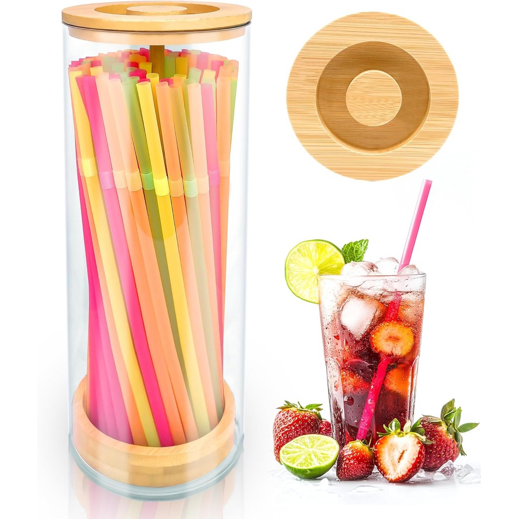 Straws Holder Dispenser for Counter, 10-Inch Drinking Straw Dispenser,Acrylic Straw Organizer with Bamboo Lid,Includes 100 Straws,Transparent Straw Storage Container for Kitchen,Pe