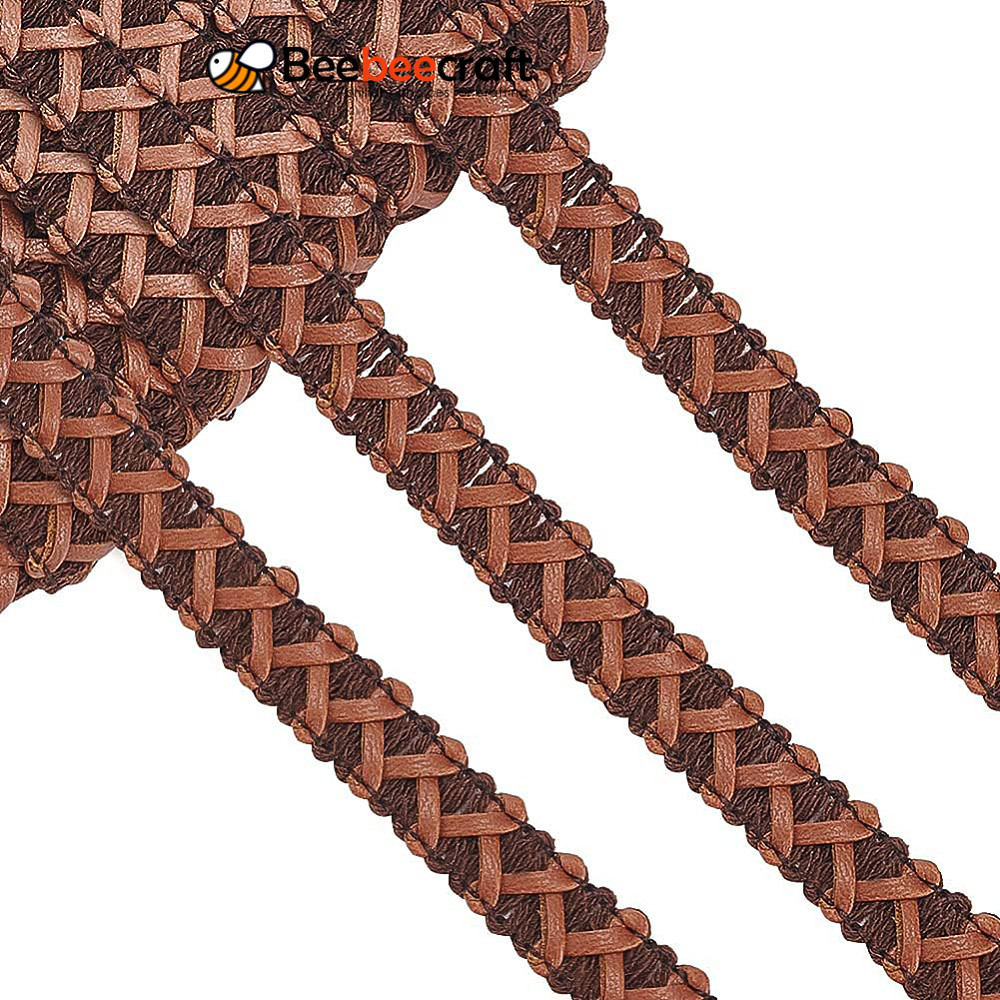 1card 15 yard Coffee Brown Faux Leather Braid Trims 1/2 inch Wide Flat Braided Genuine Leather Braid Strap for Home Decor DIY Sewing Craft