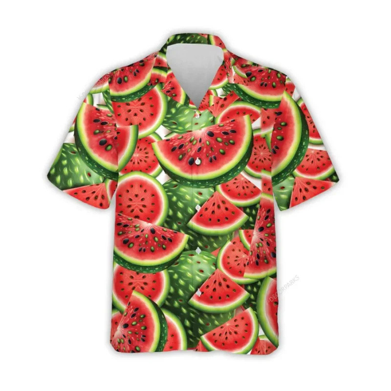 Songkan Festival Short-Sleeved Shirt, Printed with 3D Fruit Pattern, Strawberry, Kiwi, Suitable for Walking on the Beach, Summer Fashion, Hawaiian Style Men
