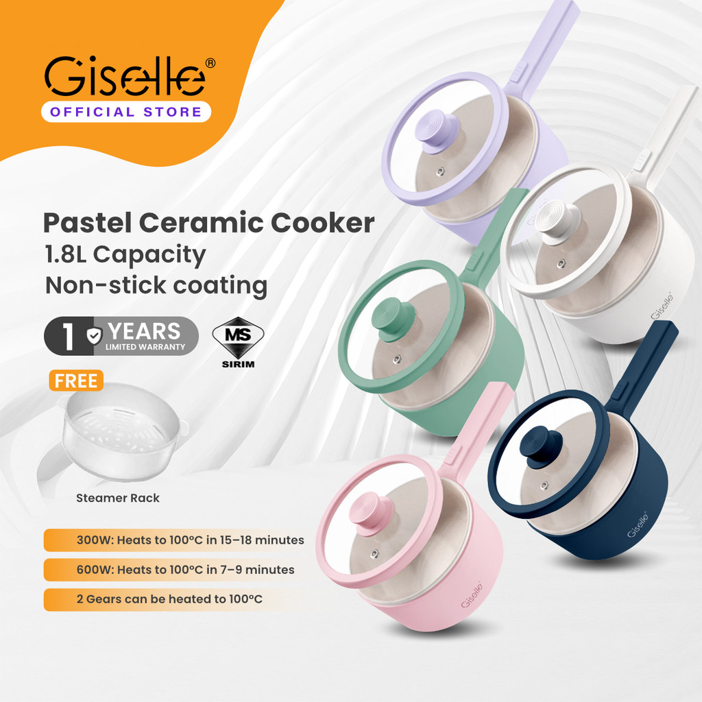 Giselle Multifunction Electric Cooker with Ceramic, Cool Touch Cover Upgraded Steamer Rack (1.8L + 1.8L)-KEA0324