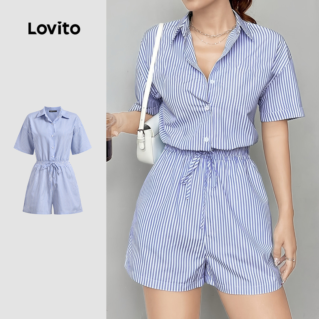 Lovito Casual Jumpsuit Striped Button Lace Up Summer/Spring Jumpsuit for Women L131ED509 Lovito Casual Jumpsuit Berjalur Butang Bertali Musim Panas/musim Bunga Untuk Wanita L131ED509
