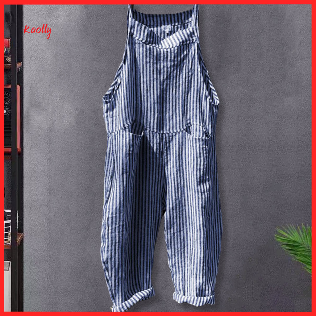 Kaolly| Striped Print Overalls Casual Women Overalls Stylish Striped Jumpsuit with Big Pockets for Women Plus Size Summer Wear Wide Leg Baggy Fit Southeast Fashion Trend