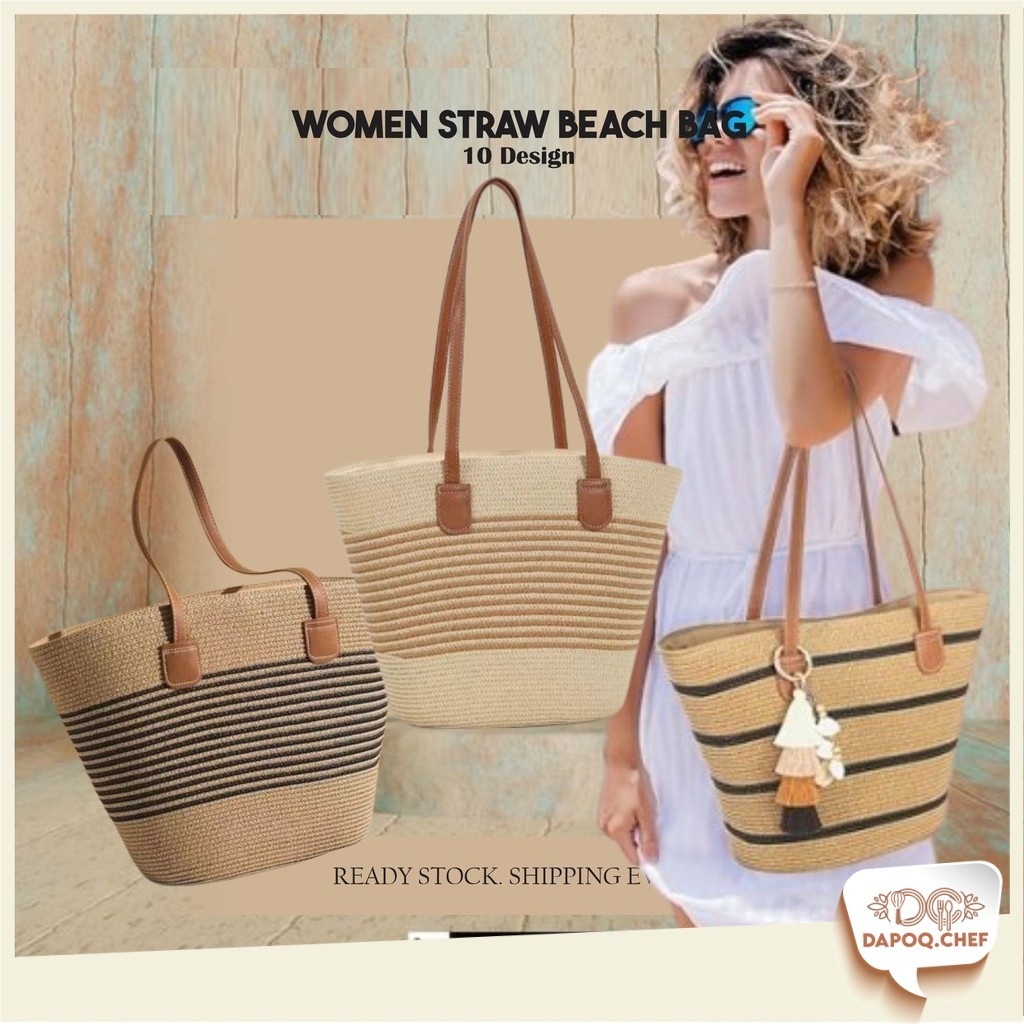 DC Striped Shoulder Bag Tote Woven Western Style Straw Woven Vacation Style Beach Bag Women's Tote Beg Perjalanan 大容量沙滩包