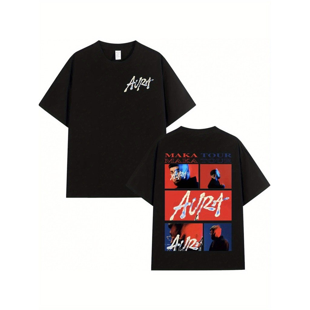 Makra Aura 2025 Tour Merchandise T-Shirt, Cotton Round Neck Short-Sleeved T-Shirt, Casual Hip-Hop Street Clothing, with Music Art Pattern, Black-Adult