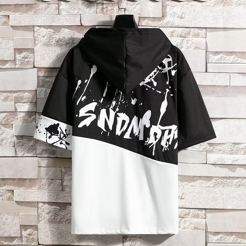 Quality Durable Short Sleeve t-Shirt Men Summer New Style Trendy ins Splash Ink Hooded Fake Sweatshirt Ice Silk Stree... - Image 4