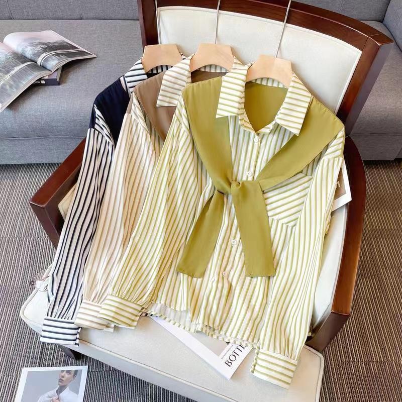 Fake Two-Piece Vertical Striped Shirt Women 2025 Spring New Style Women's Loose Lapel Chic Style Long-Sleeved Top Trendy