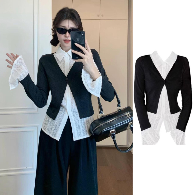 ?MiHo?[Ready Stock In Malaysia]Blouse Women Korean Style Ladies Slim Waist Long Sleeve Shirt Color Block Fake Two Piece Design Baju Kemeja Perempuan
