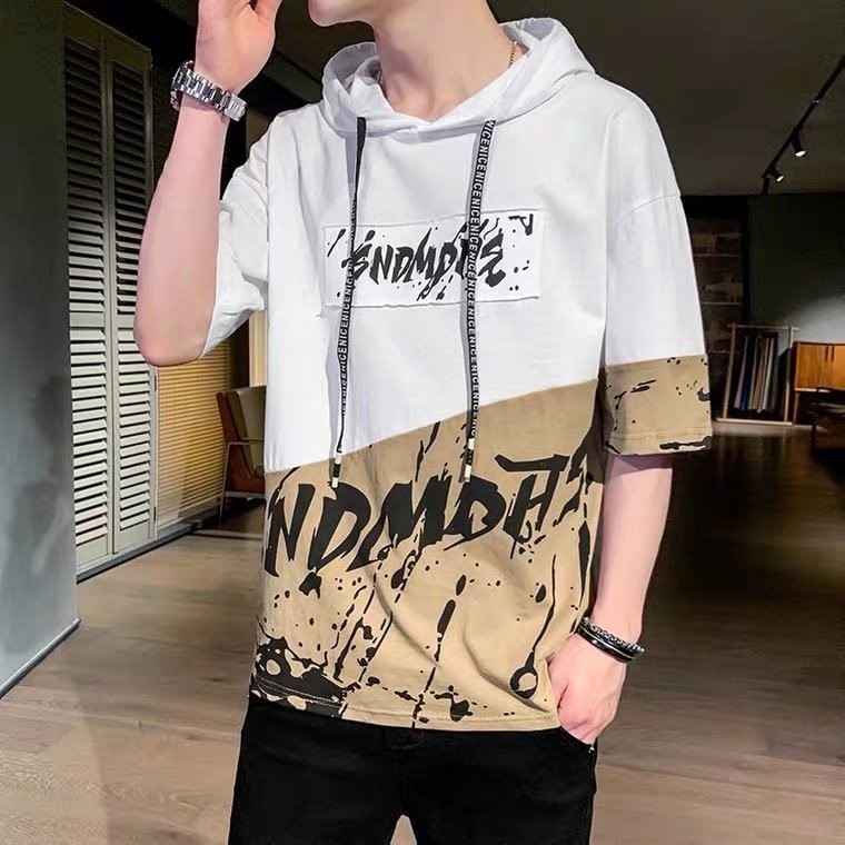 Quality Durable Short Sleeve t-Shirt Men Summer New Style Trendy ins Splash Ink Hooded Fake Sweatshirt Ice Silk Stree... - Image 2