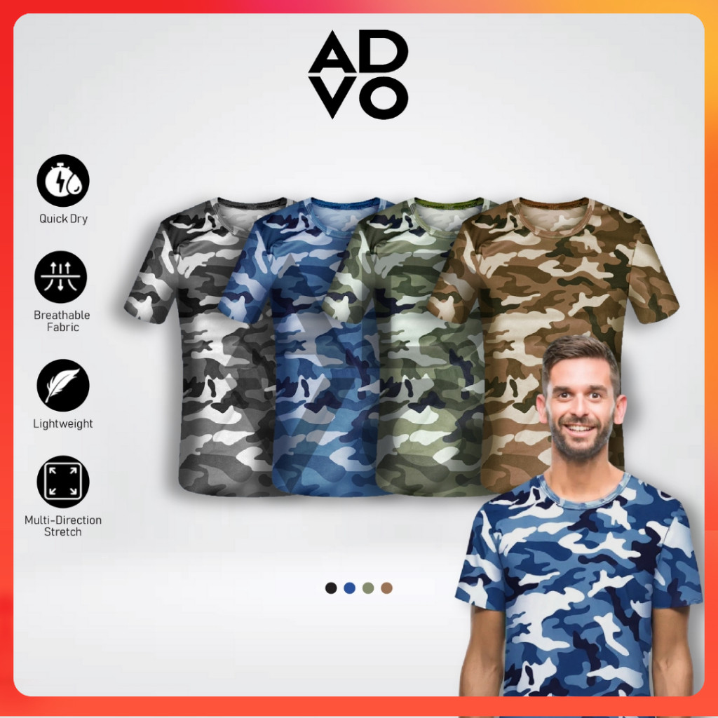 ADVO Camo Microfiber T-Shirt Men Round Neck T shirt Camouflage Short Sleeve Baju Lelaki Unisex Quick Dry Baju Bercorak