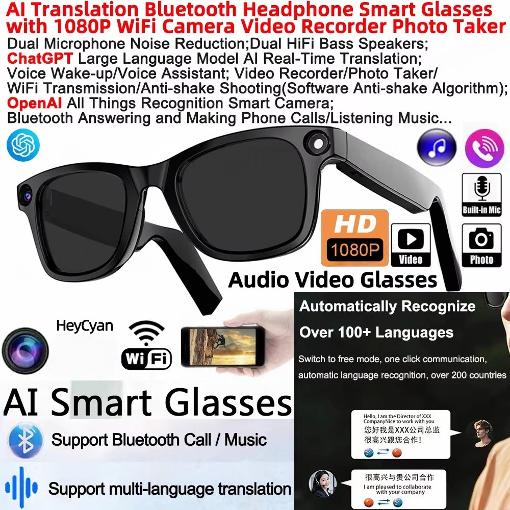 Ai Smart Glasses ChatGPT Language Translation Voice Assistant Bluetooth Headphone WiFi HD1080P Camera Anti-Shake Video Recording