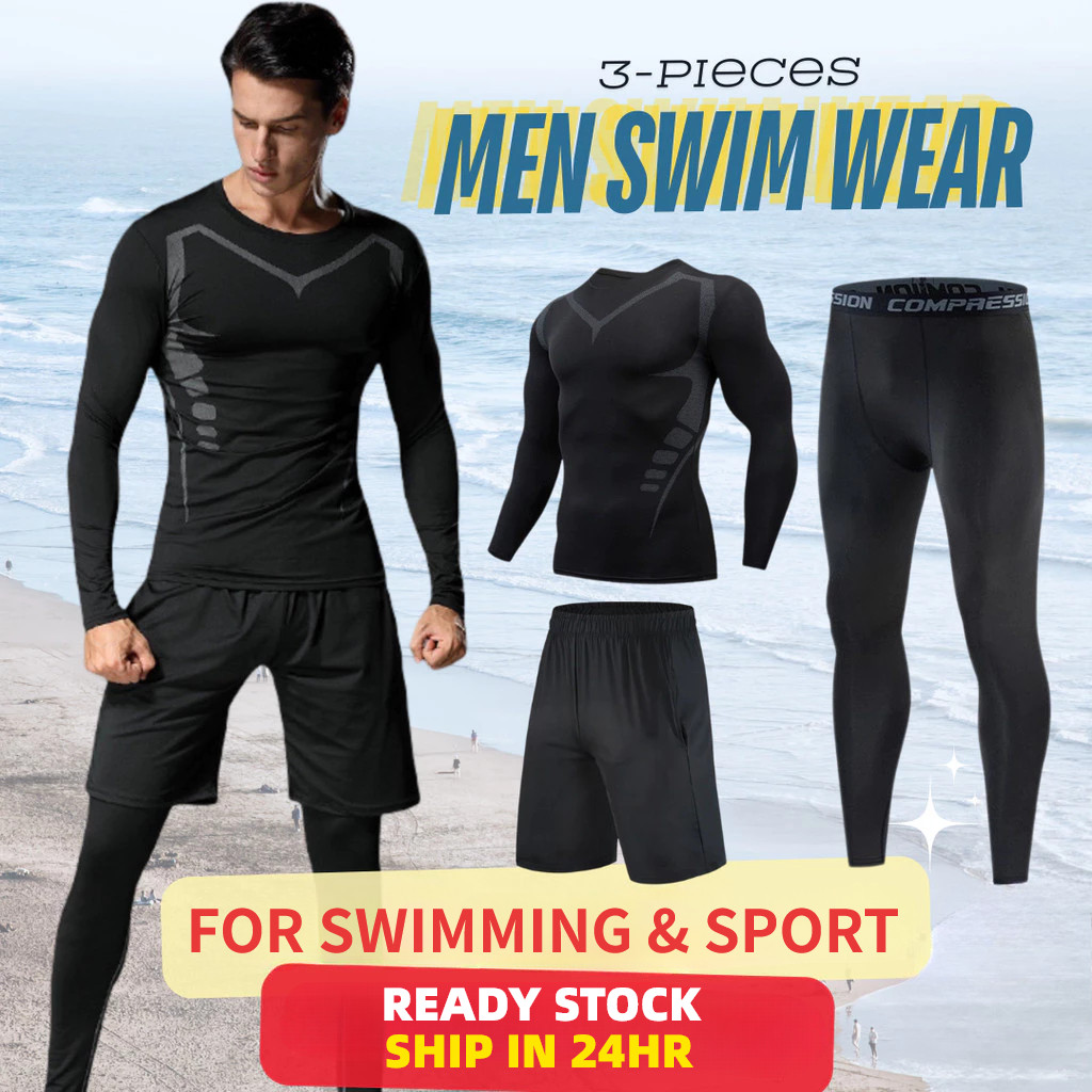 Swimming suit man Three Pcs Suits Long Sleeve + Shorts + Long Pants Sports Fitness Gym Mens tight Quick Dry Clothing (3 Sets)