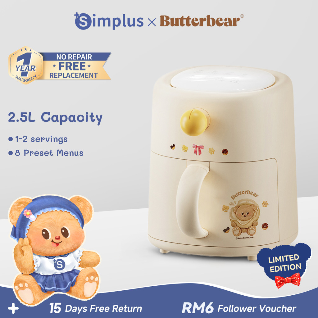 【Simplus×Butterbear】Cute Mini Air Fryer 2.5L Capacity Compact Space-Saving Household Dorm Use Snacks Oil-Free Low Fat