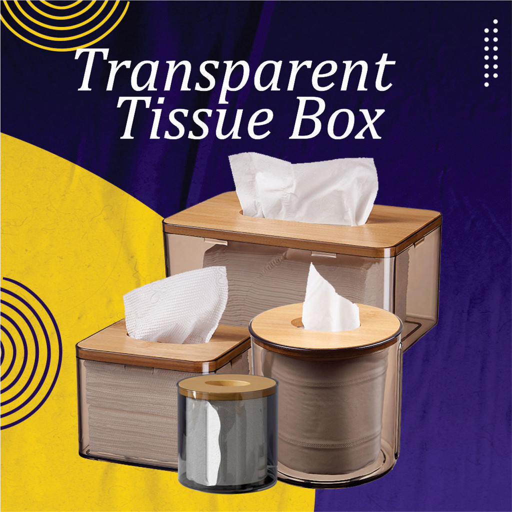 BSU Transparent Bamboo Cover Tissue Box 3 Sizes Napkin Face Mask Storage Home Deco Living Room Bekas Tisu Lut Sinar Kayu