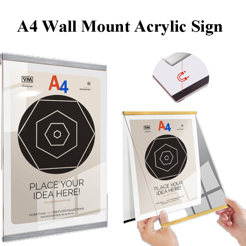 A4 Wall Mount Acrylic Sign Holder Self Adhesive Magnetic Display Frame Clear Document Frame for Office Store School Home A4 Vertical Wall Picture Frame Certificate Display Frame