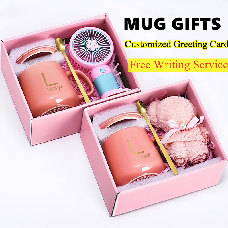 Custom Mug Set with Giftboxed - Bear & Mini Fan (Mother/Birthday Gift)Teacher gift Coffee Lovers 定制祝福语