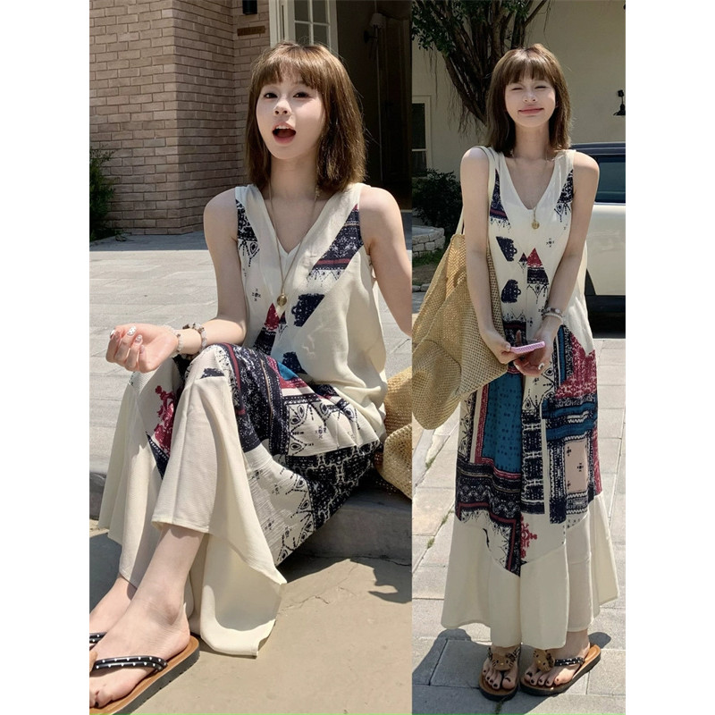 Yueyejia YY Promotion Island Style Casual Wide-Leg Jumpsuit Women's Summer Retro Printed Overalls V-Neck Sleeveless Vest