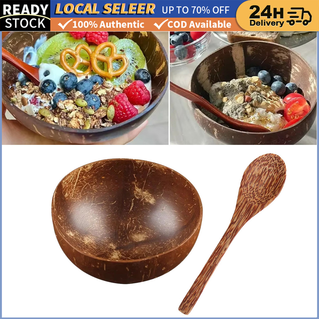 Reusable, Large coconut shell bowl 400ML for Serving Salad Oatmeal Yogurt dessert bowl Wooden Spoon