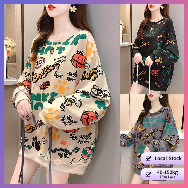 【Plus Size】(40-150kg)Oversize Tie-dye Pullover Tops Wanita Serbaguna Memakai Baju Sweat Lengan Panjang Nipis