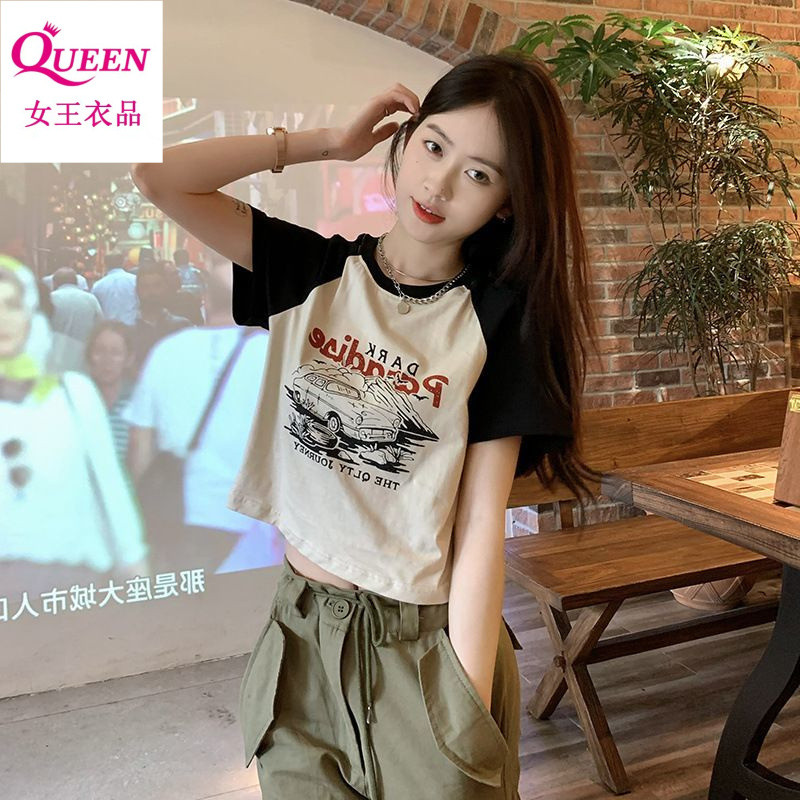 印花 短袖t恤女 Slim fit versatile short top for women ins  tide 美式复古印花短袖T恤女2025夏季韩版新款修身百搭短款学生上衣潮 American Retro Printed Short-Sleeved T-Shirt Women 2025 Summer Korean Version New Style Slim-fit All-Match Sh