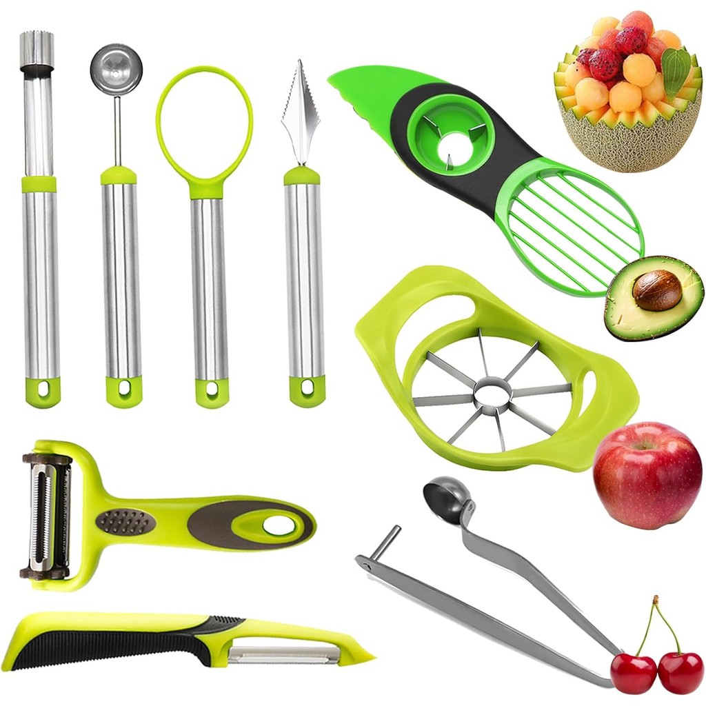 9Pcs Melon Baller Scoop Set,Fruit Shape Cutters,Avocado Slicer tool 3 in 1,Slicer,Fruit Scooper and Baller, Vegetable Peelers, Cutter and Corer,Green