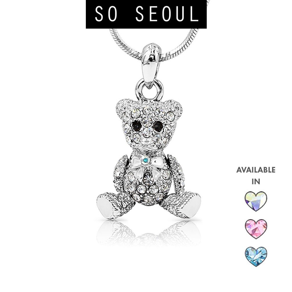 SO SEOUL Pretty Little Teddy Bear 3D Movable Aurore Boreale Crystal Pendant Necklace-Gift for Girls
