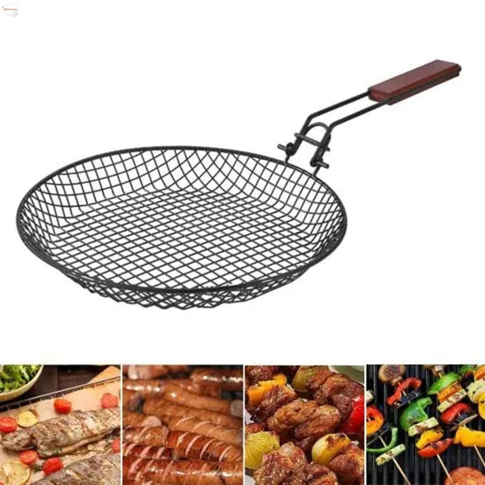MXBEAUTY Steel Carbonl Grill Basket, Heat-Resistant Foldable Barbecue Pan, Portable Rustproof Multifunctional Round Grilled Vegetable Net Seafood