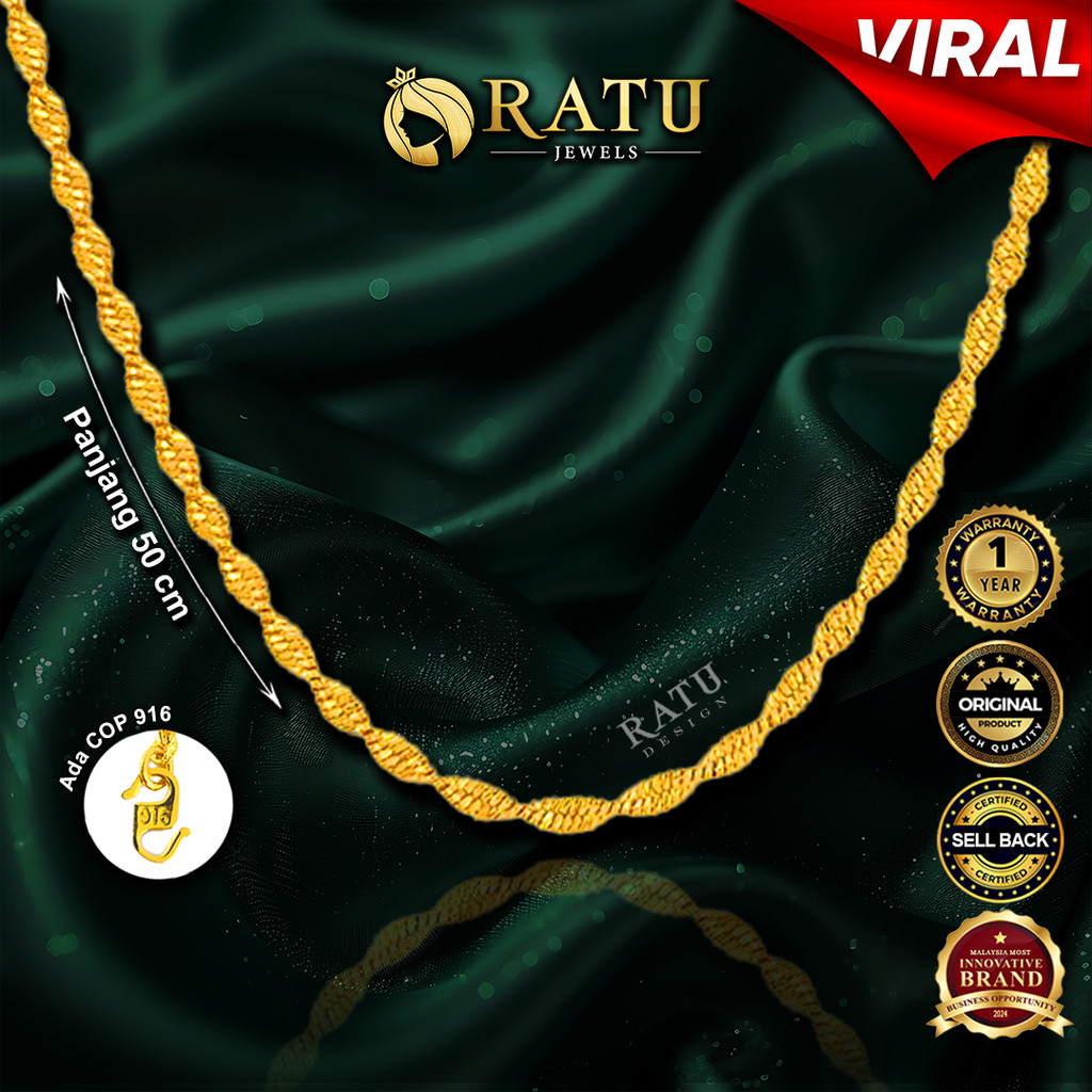 Rantai Leher (2.86g) Emas RATU Water Wave 50cm Daily Wear Plated Necklace Jewelry (01RP)