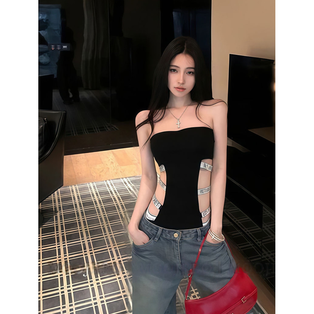 American Y2K Spicy Girl Sexy Strapless Jumpsuit for Women - Summer Style with Exposed Waist and Diamond-Inlaid Hollow Letters