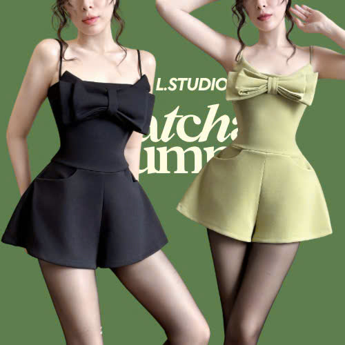 /L.Studio/ MATCHA - Short 2-strap Jumpsuit, big bow on the chest, cute and feminine, flared pants form flatters the figure