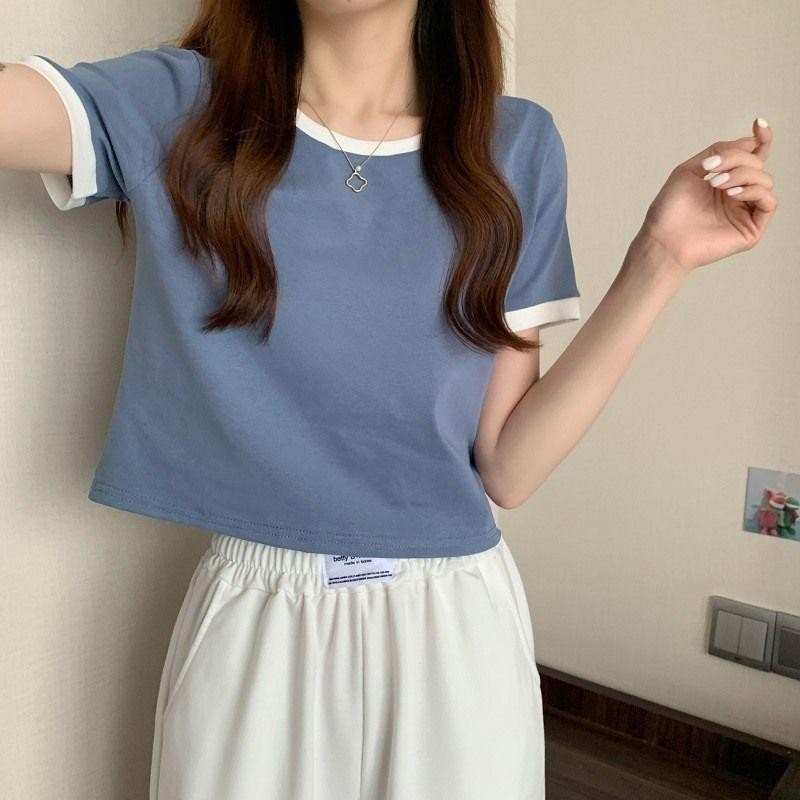 MYA-ShortT Korean Style Women Color Block Tops Round Neck Short Sleeve Casual T-shirt T77