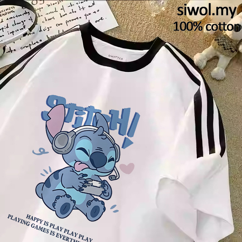 【siwol】Korean Fashion 100% cotton Stitch print oversized casual three-bar T-shirt for women #I003521