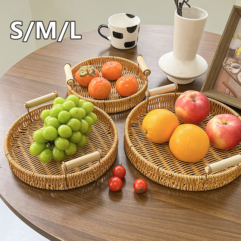 Homehomie Rattan Weaving Serving Tray Wicker Woven Bread Basket with Handles for Dinner Parties Coffee Table Breakfast