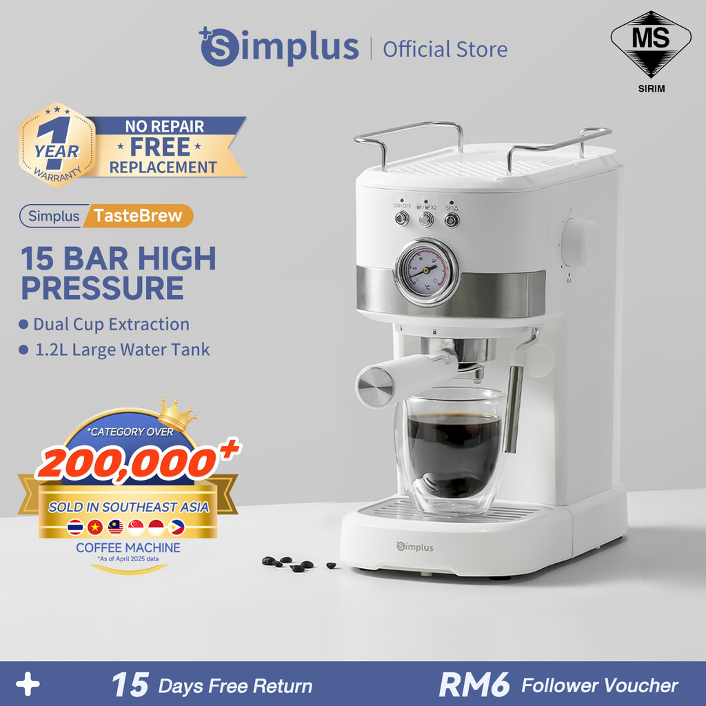 【New Launch】Simplus Coffee Maker Semi Automatic Espresso Extraction 15Bar High Pressure 1.2L Water Tank Mesin Kopi