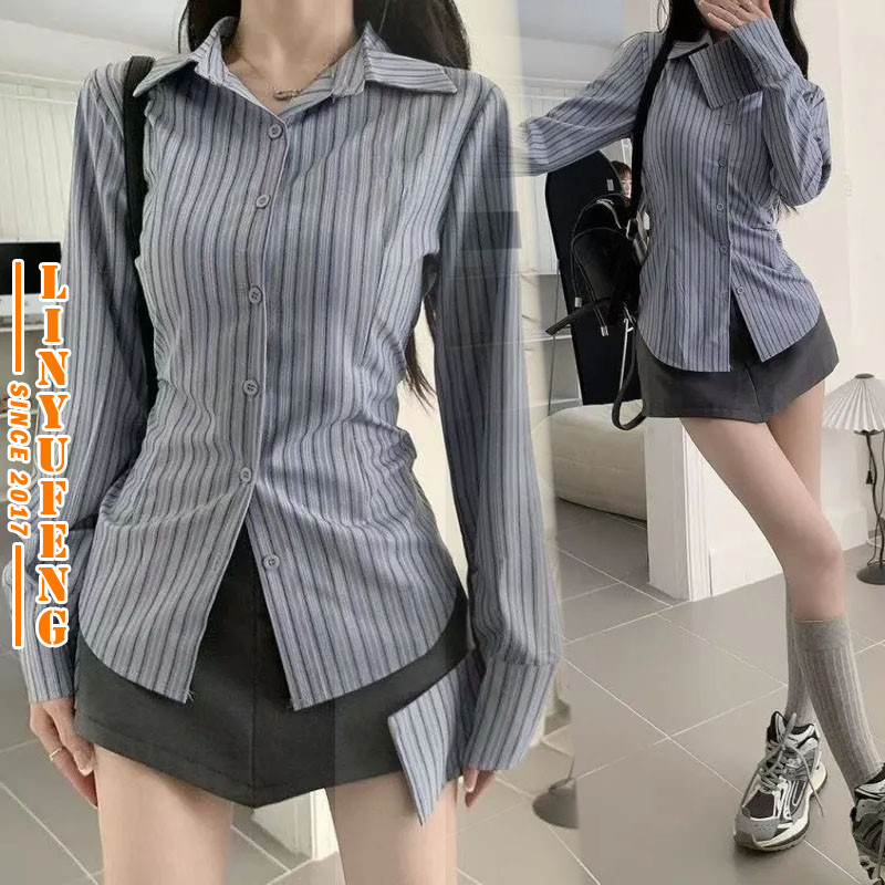 ?Linyufeng? Stripe Blouse Women Korean Style Loose Fit with Slim Waist Long Sleeves Elegant Classy Ironless Collar Top Baju ootd Kemeja Lengan Panjang Belang Perempuan Wanita Terkini Murah Cantik