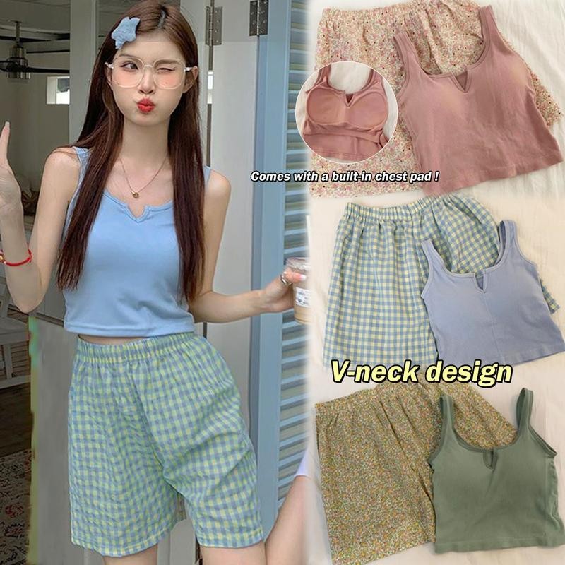 Seamless chest cushion camisole sleepwear women's sports vest sweet floral shorts can be worn as outerwear home suit set
