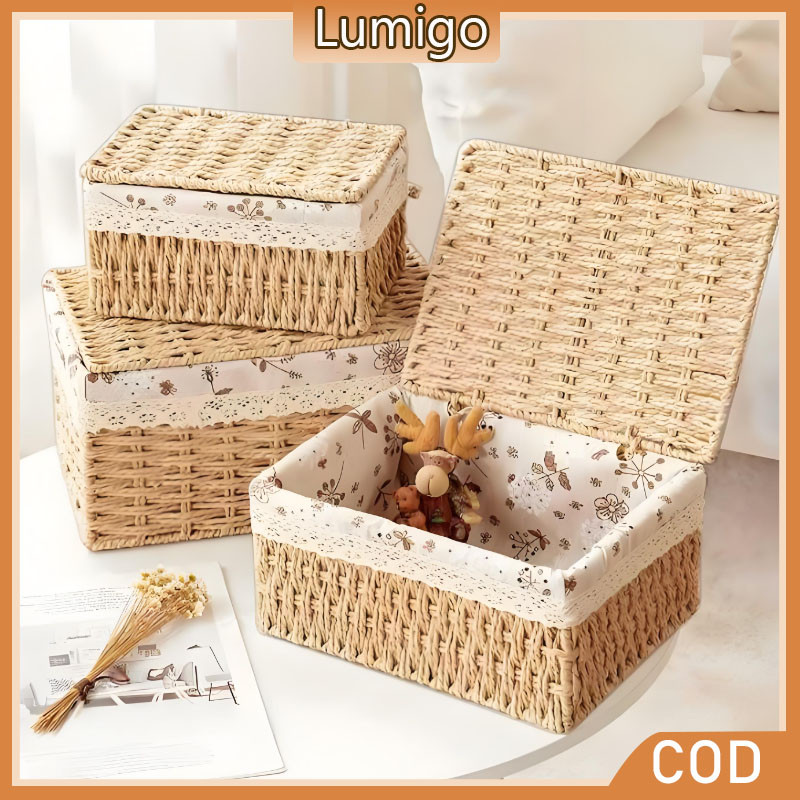 Rattan Basket with Lid Handmade Rattan Box Fabric Rattan Box Desktop Sundries Organizer Picnic Basket 藤籃子