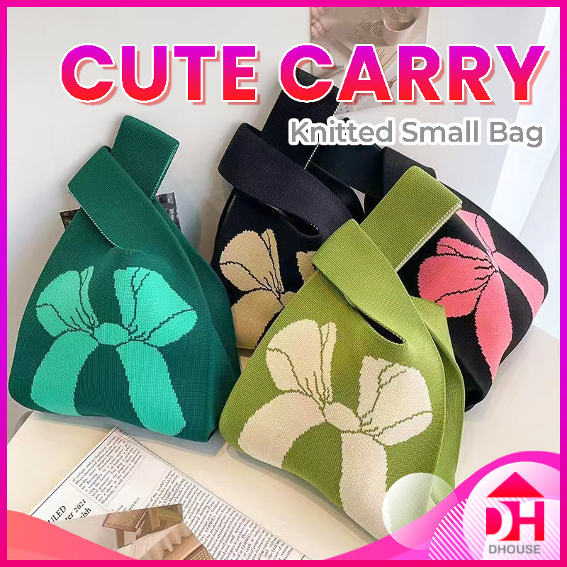 Candy Color Mini Knitting Handbags Women Knot Wrist Tote Bag Reusable Shopping Bags 针织手提包 Beg Wanita
