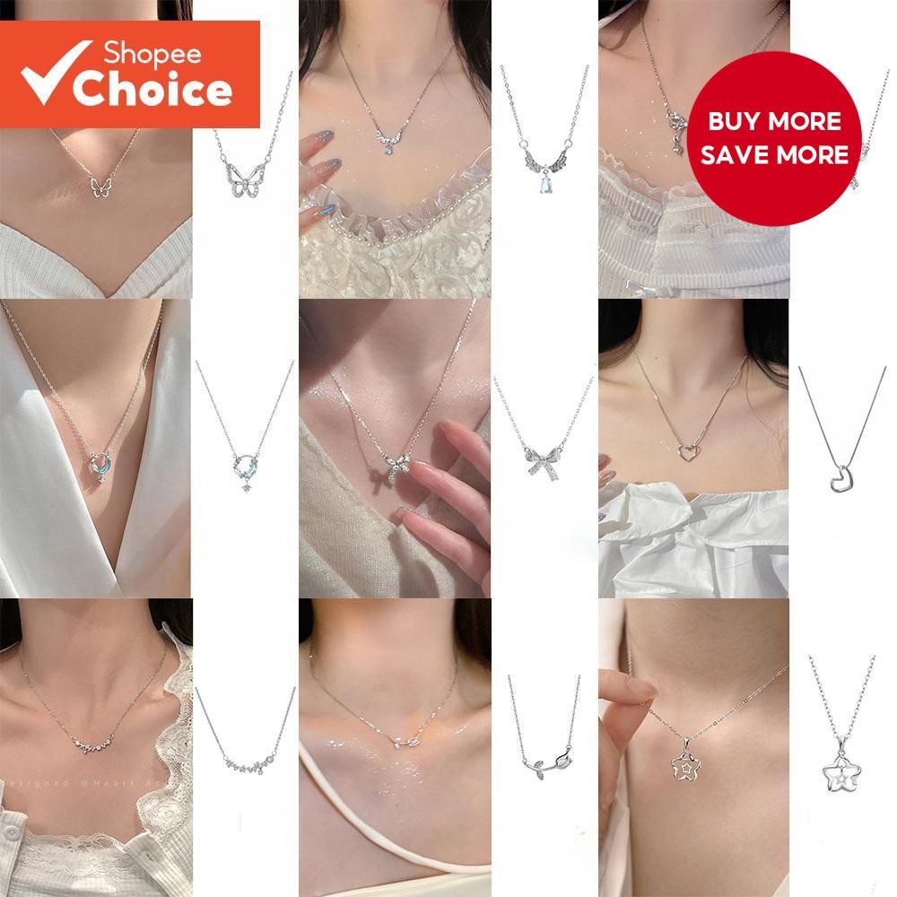 New Style Korean Style Sweet Simple Fresh Wings Fashion Zircon Pendant Necklace Female Elegant Light Mature Design Feel All-Match Love Heart Clavicle Chain ins Gift for Girlfriend Jewelry Various Styles Available