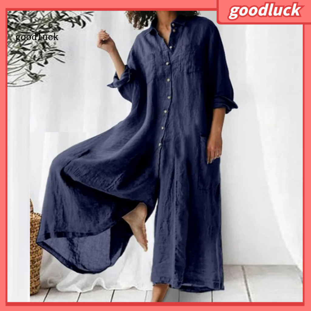 goodluck|  Women Jumpsuit Spring Summer Turndown Collar Loose Cotton Linen Breathable Casual Wide Legs Pants Long Romper Daily Wear