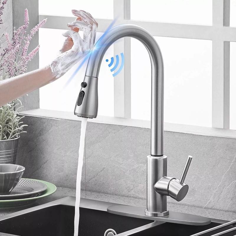 Touch Kitchen Faucet, Smart Kitchen Sink Faucet with Pull Down Sprayer, Touch on Activated Kitchen Bar Sink Faucet Brushed Nickel, Stainless Steel Kitchen Faucets with Deck Plate