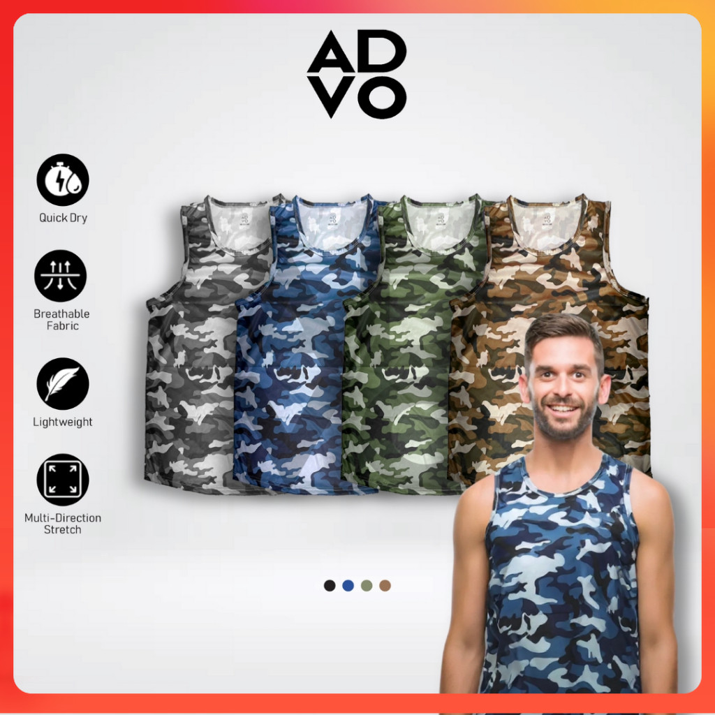 ADVO Camo Microfiber Singlet Men Round Neck Camouflage Sleeveless Baju Lelaki Unisex Quick Dry Baju Tank Top Bercorak